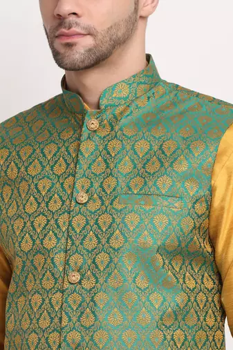 Mustard Silk Blend Kurta and churidar with Jacquard Green Nehru jacket