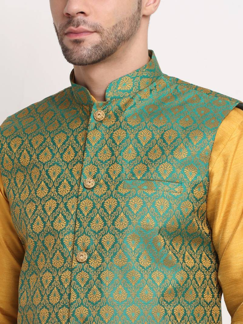 Mustard Silk Blend Kurta and churidar with Jacquard Green Nehru jacket