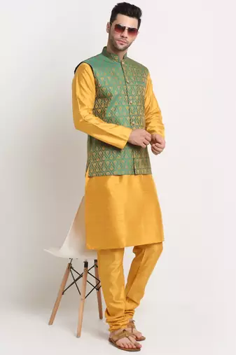 Mustard Silk Blend Kurta and churidar with Jacquard Green Nehru jacket