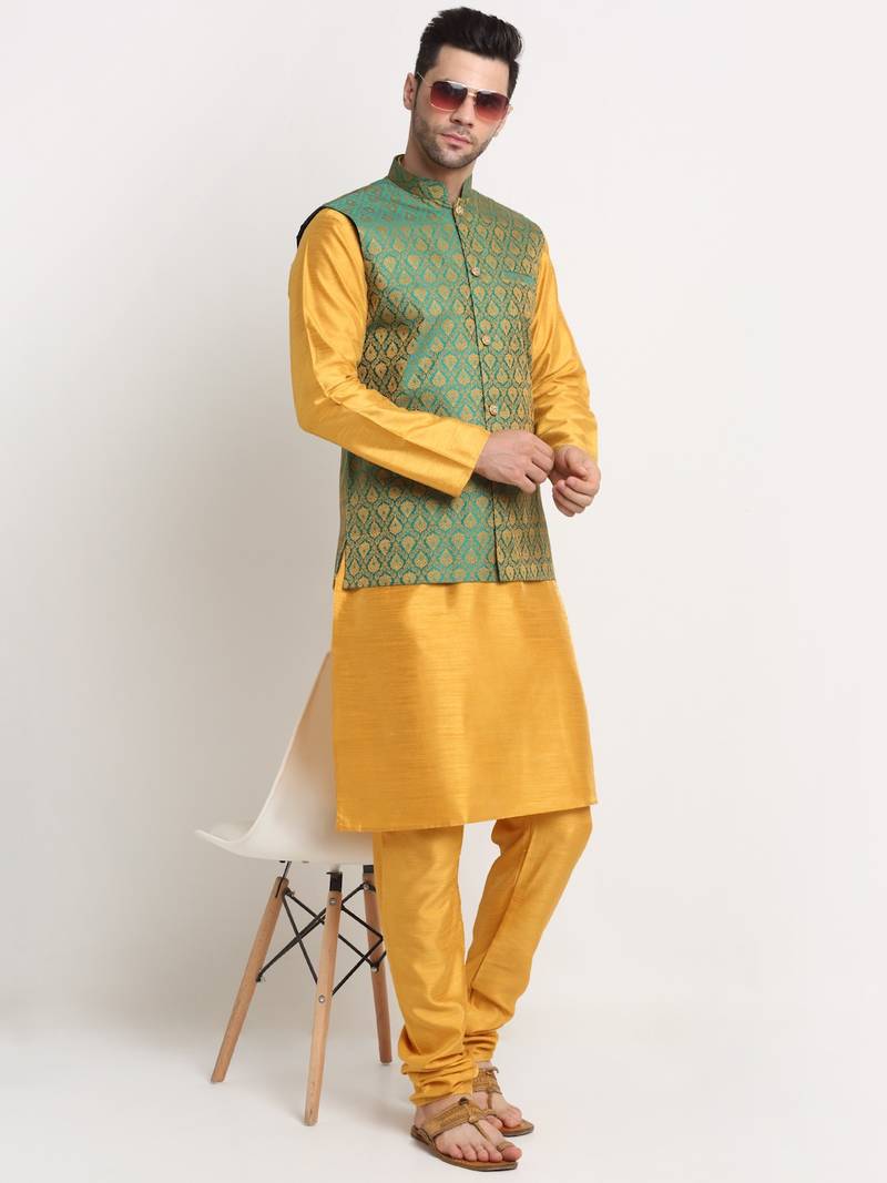 Mustard Silk Blend Kurta and churidar with Jacquard Green Nehru jacket