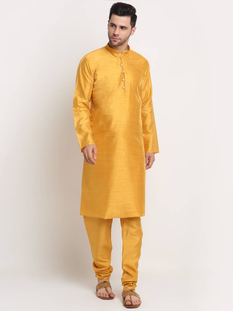Mustard Silk Blend Kurta and churidar with Jacquard Green Nehru jacket
