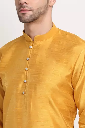 Mustard Silk Blend Kurta and churidar with Jacquard Green Nehru jacket