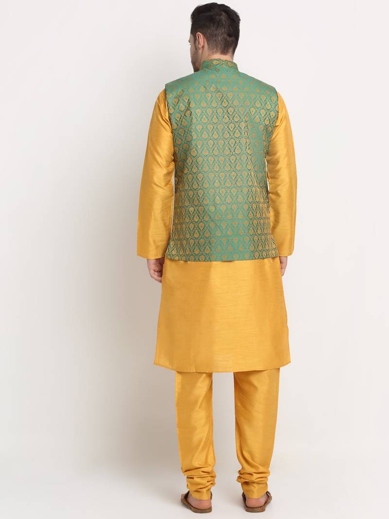 Mustard Silk Blend Kurta and churidar with Jacquard Green Nehru jacket