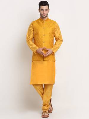 Mustard Silk Blend Kurta and churidar with Jacquard Yellow Nehru jacket 1