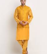 Mustard Silk Blend Kurta and churidar with Jacquard Yellow Nehru jacket
