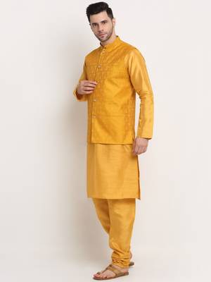 Mustard Silk Blend Kurta and churidar with Jacquard Yellow Nehru jacket 2