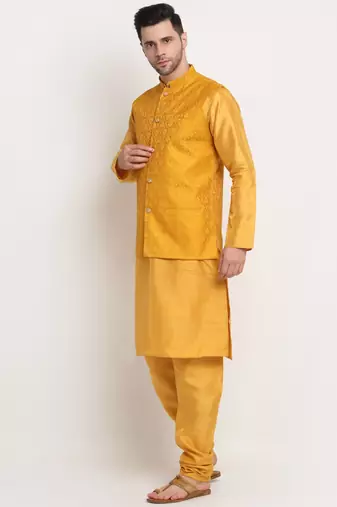 Mustard Silk Blend Kurta and churidar with Jacquard Yellow Nehru jacket