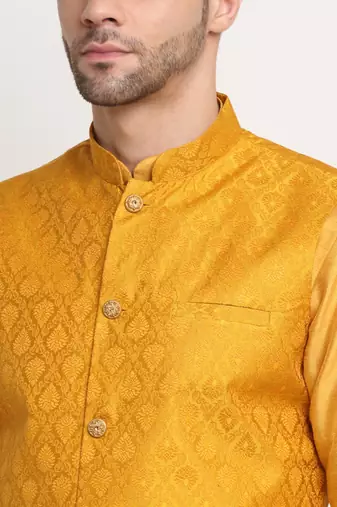Mustard Silk Blend Kurta and churidar with Jacquard Yellow Nehru jacket