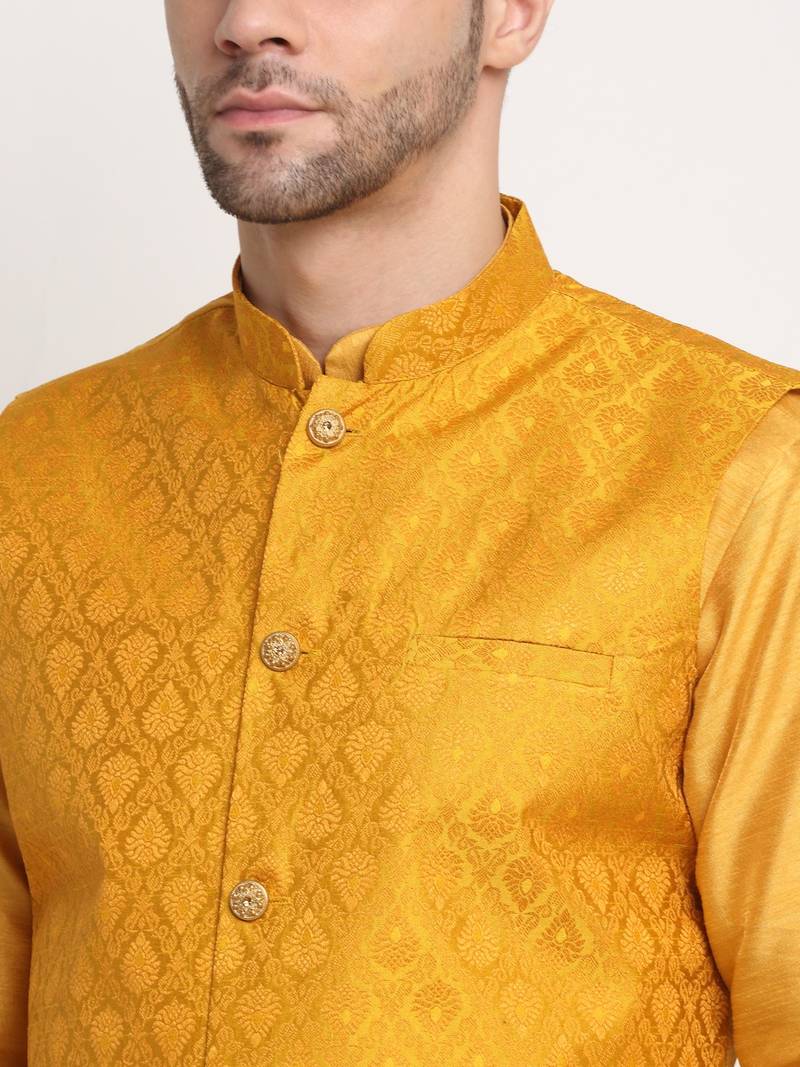 Mustard Silk Blend Kurta and churidar with Jacquard Yellow Nehru jacket