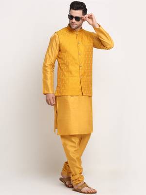 Mustard Silk Blend Kurta and churidar with Jacquard Yellow Nehru jacket 4