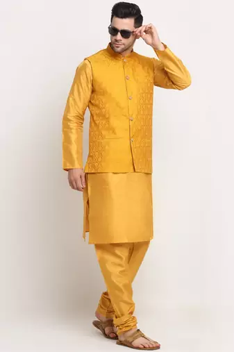 Mustard Silk Blend Kurta and churidar with Jacquard Yellow Nehru jacket
