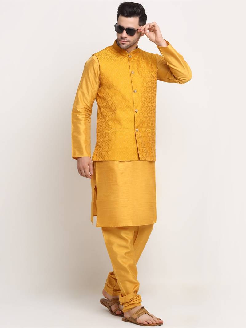 Mustard Silk Blend Kurta and churidar with Jacquard Yellow Nehru jacket