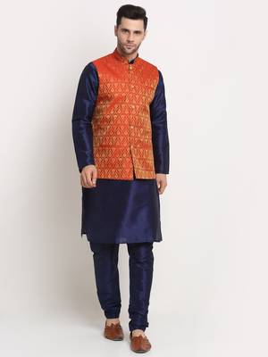 Navy Blue Silk Blend Kurta and churidar with Jacquard Yellow Nehru jacket 1