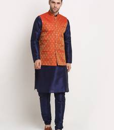 Navy Blue Silk Blend Kurta and churidar with Jacquard Yellow Nehru jacket