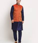 Navy Blue Silk Blend Kurta and churidar with Jacquard Yellow Nehru jacket