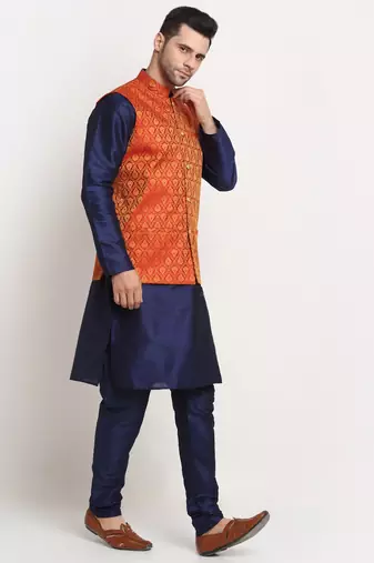 Navy Blue Silk Blend Kurta and churidar with Jacquard Yellow Nehru jacket