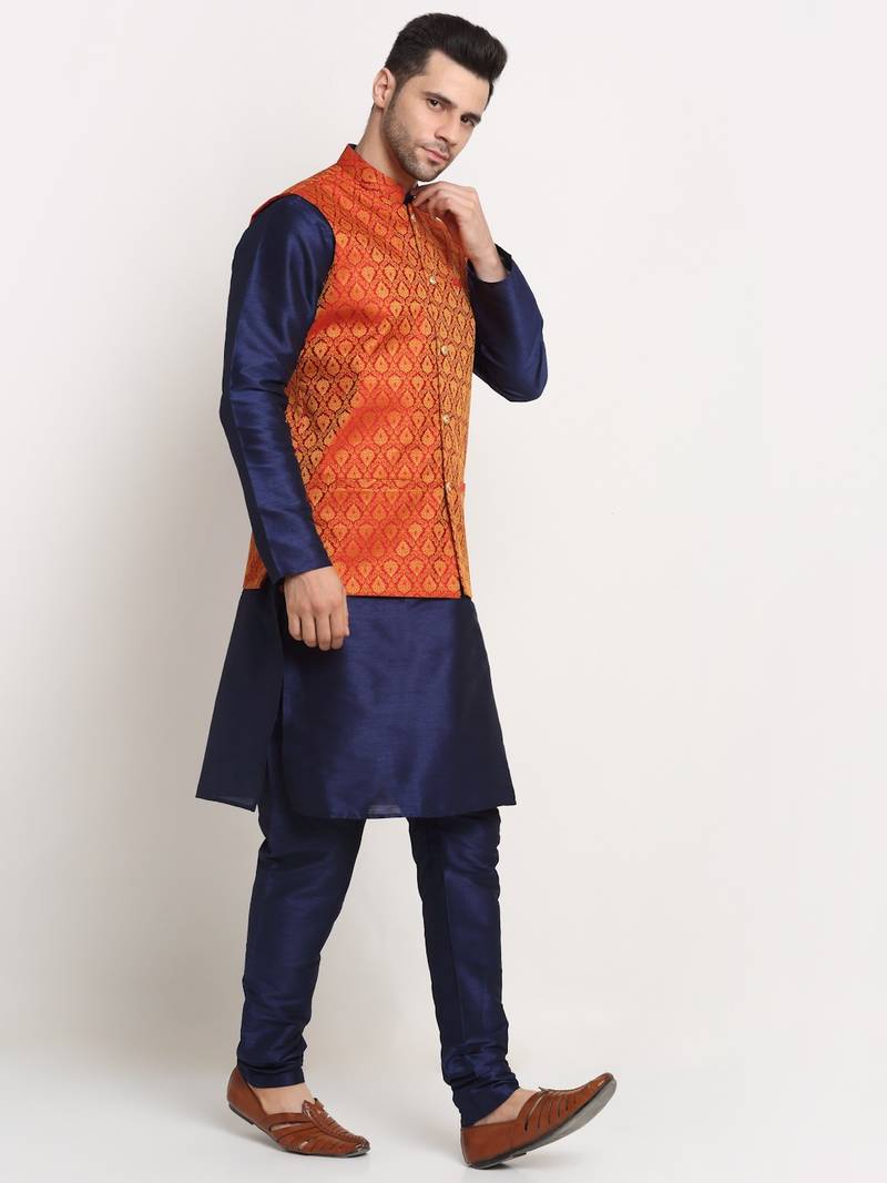 Navy Blue Silk Blend Kurta and churidar with Jacquard Yellow Nehru jacket
