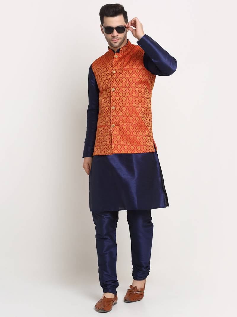 Navy Blue Silk Blend Kurta and churidar with Jacquard Yellow Nehru jacket