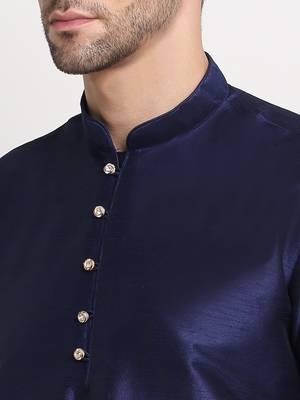 Navy Blue Silk Blend Kurta and churidar with Jacquard Yellow Nehru jacket 7