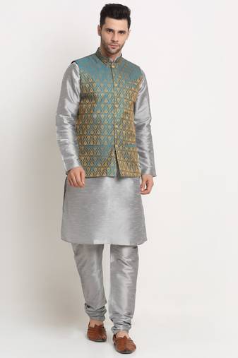 Silver Silk Blend Kurta and churidar with Jacquard Blue Nehru jacket