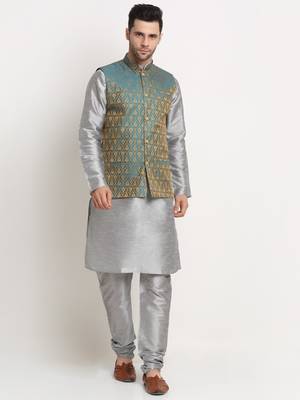 Silver Silk Blend Kurta and churidar with Jacquard Blue Nehru jacket 1