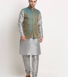 Silver Silk Blend Kurta and churidar with Jacquard Blue Nehru jacket