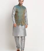 Silver Silk Blend Kurta and churidar with Jacquard Blue Nehru jacket