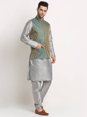 Silver Silk Blend Kurta and churidar with Jacquard Blue Nehru jacket 2