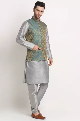 Silver Silk Blend Kurta and churidar with Jacquard Blue Nehru jacket
