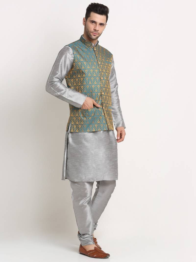 Silver Silk Blend Kurta and churidar with Jacquard Blue Nehru jacket