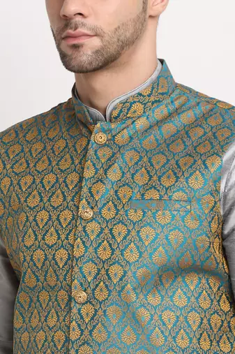 Silver Silk Blend Kurta and churidar with Jacquard Blue Nehru jacket