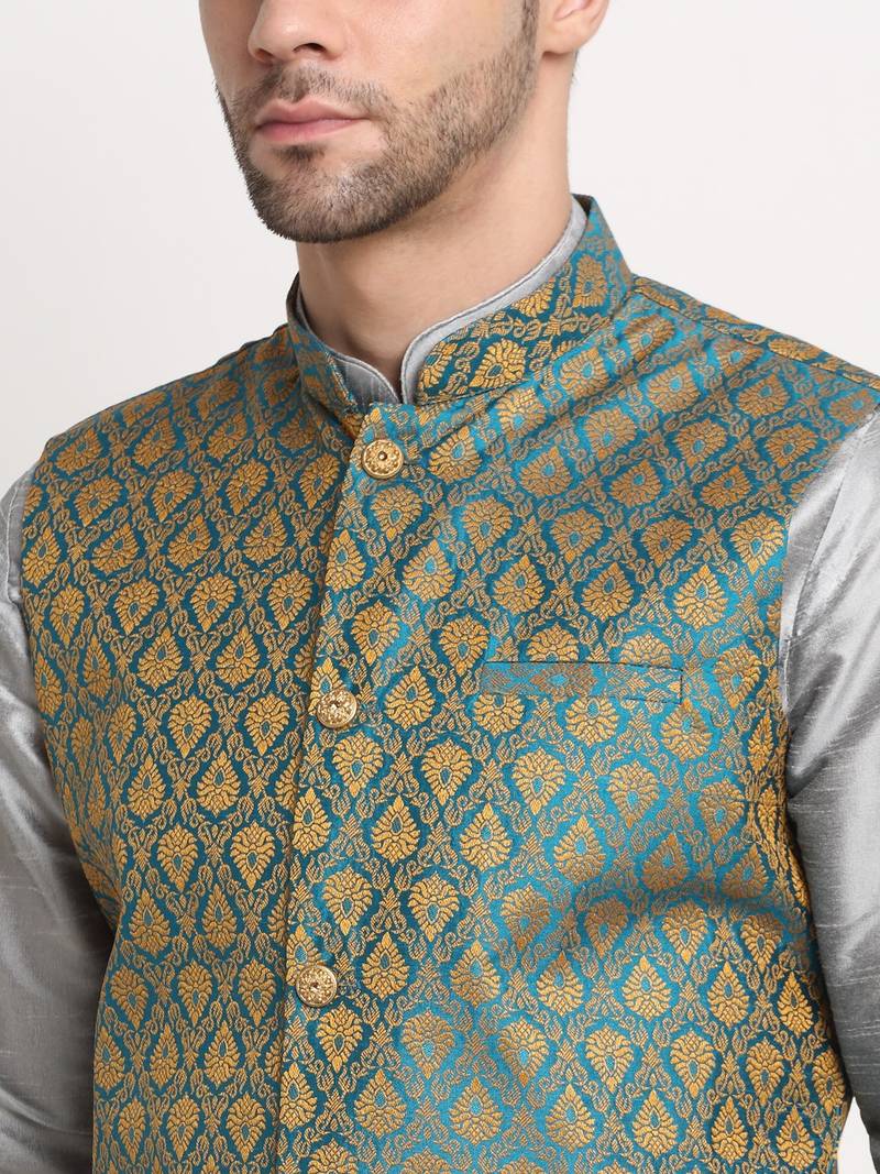 Silver Silk Blend Kurta and churidar with Jacquard Blue Nehru jacket