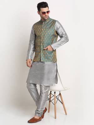 Silver Silk Blend Kurta and churidar with Jacquard Blue Nehru jacket 4