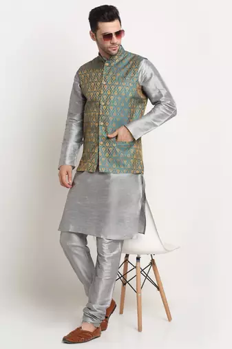 Silver Silk Blend Kurta and churidar with Jacquard Blue Nehru jacket