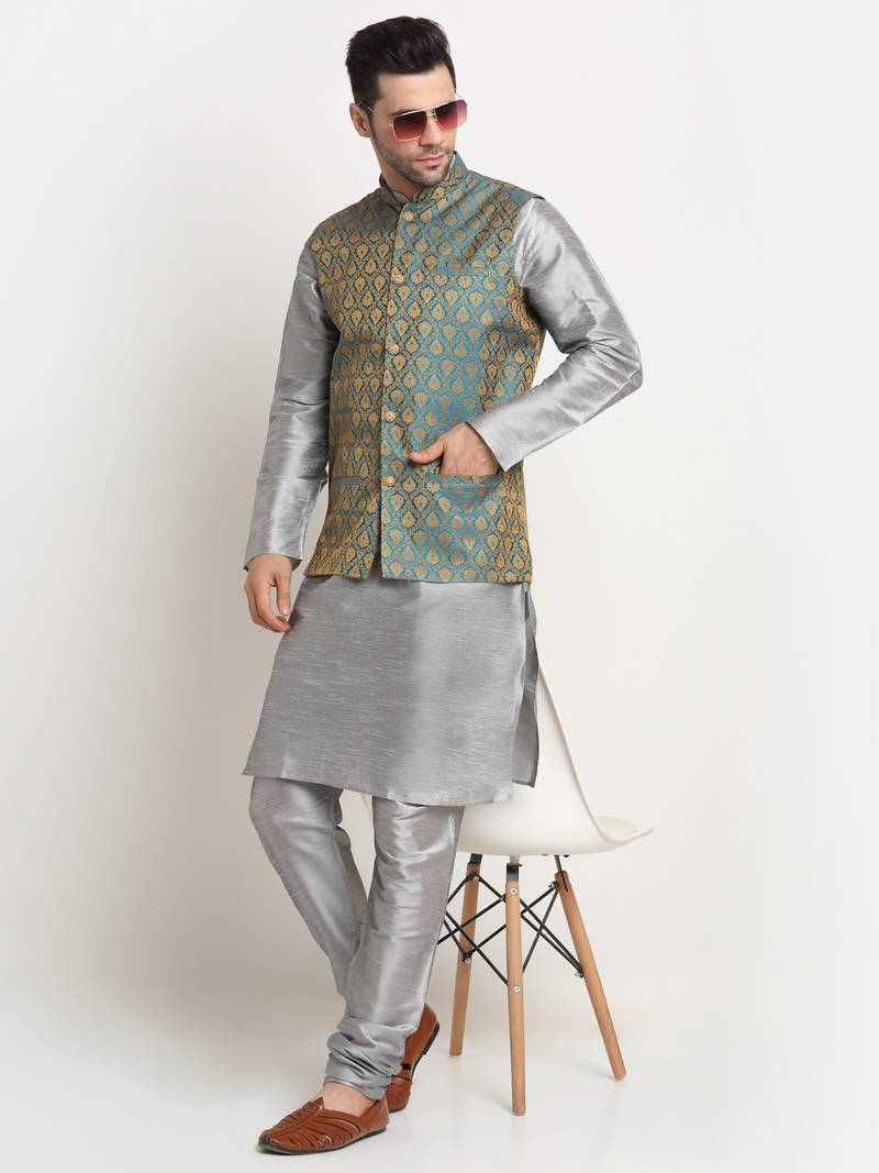 Silver Silk Blend Kurta and churidar with Jacquard Blue Nehru jacket