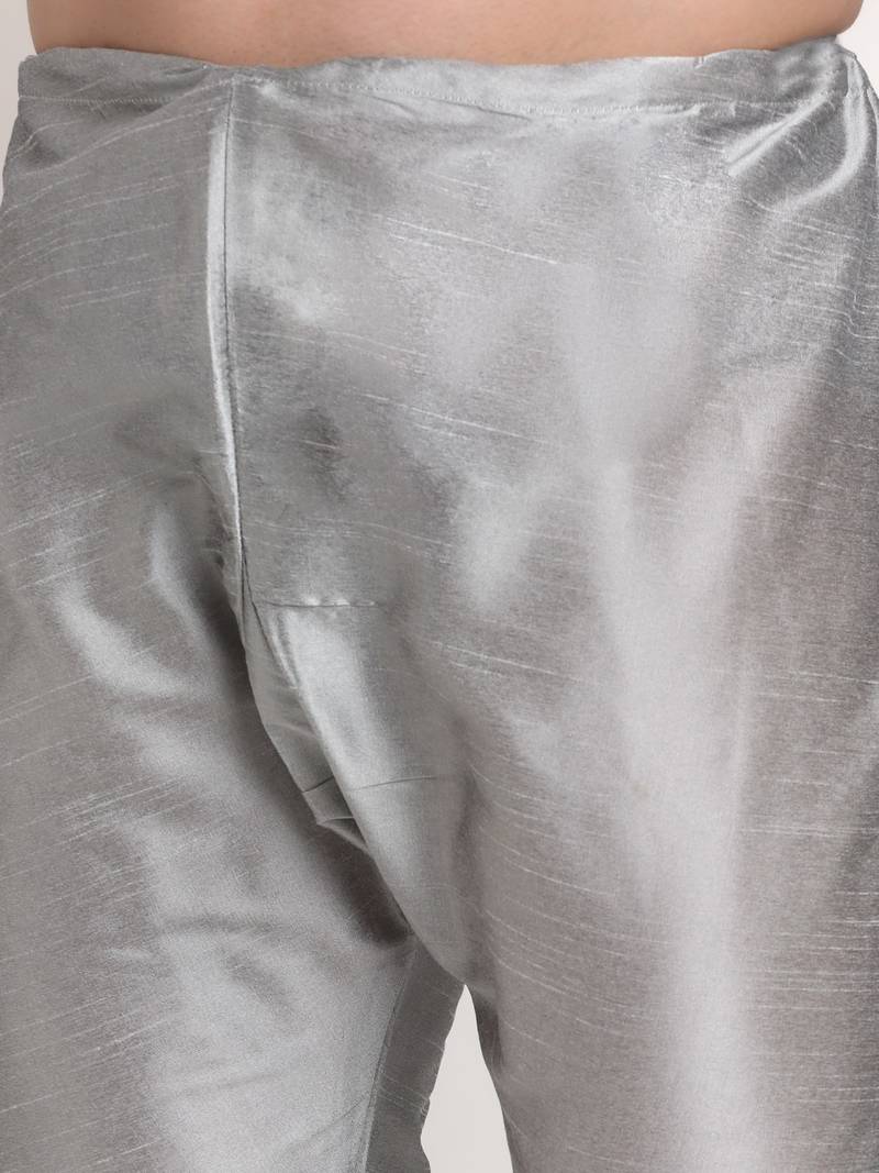 Silver Silk Blend Kurta and churidar with Jacquard Blue Nehru jacket