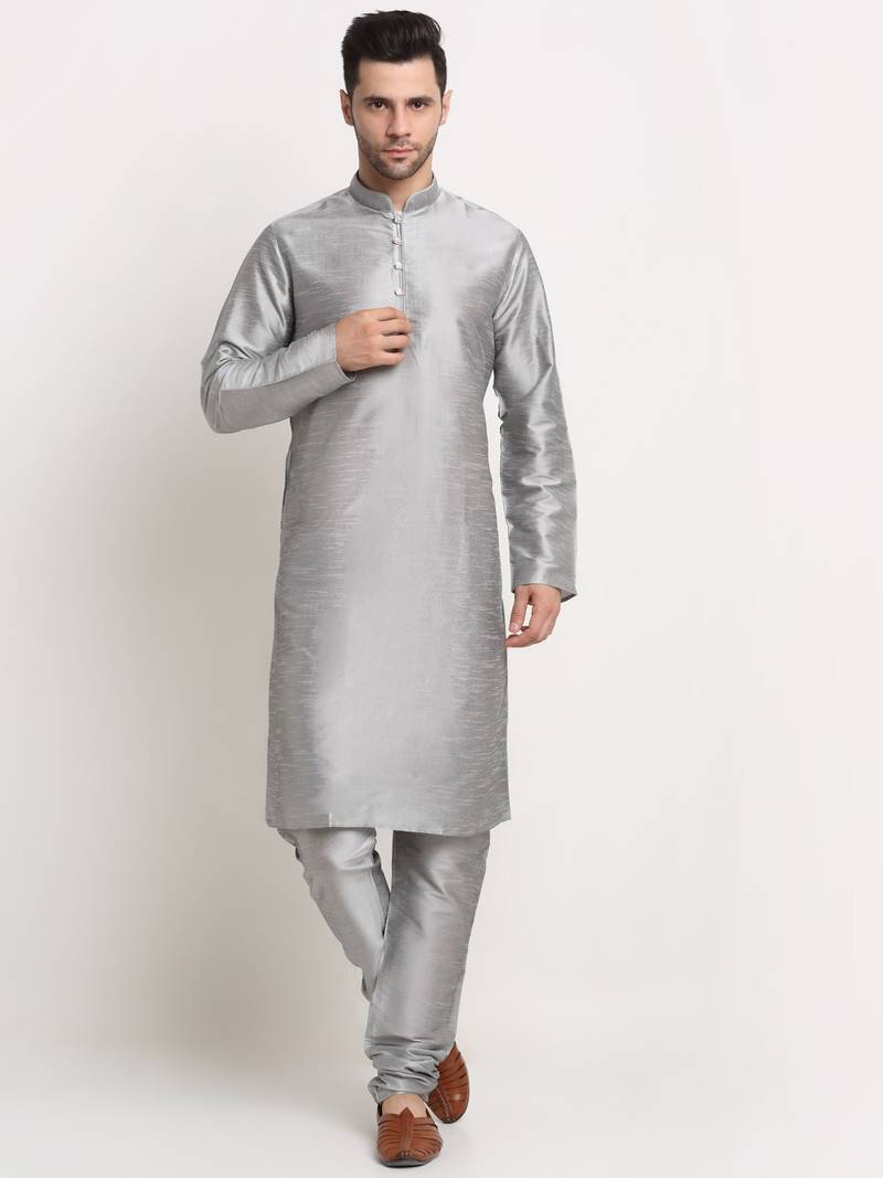 Silver Silk Blend Kurta and churidar with Jacquard Blue Nehru jacket
