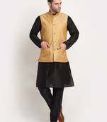 Black Silk Blend Kurta and churidar with Jacquard Gold Nehru jacket