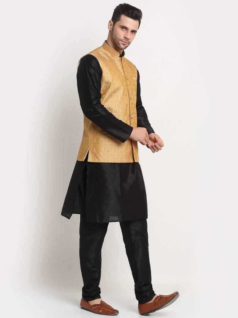 Black Silk Blend Kurta and churidar with Jacquard Gold Nehru jacket