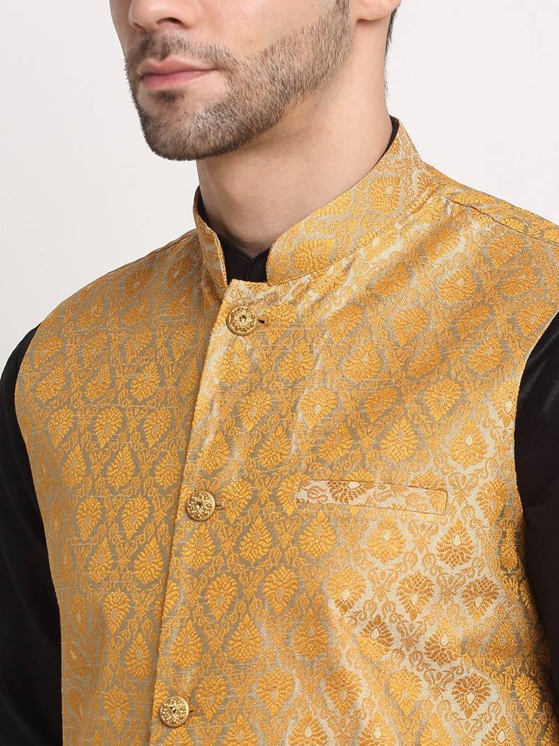 Black Silk Blend Kurta and churidar with Jacquard Gold Nehru jacket