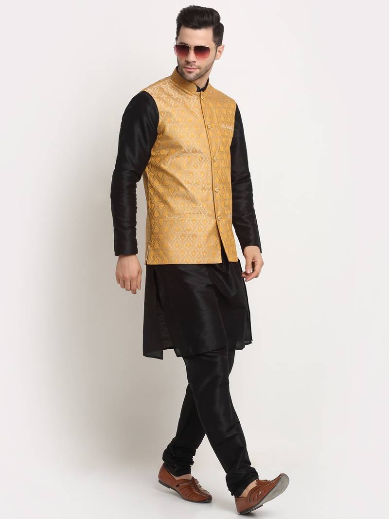 Black Silk Blend Kurta and churidar with Jacquard Gold Nehru jacket