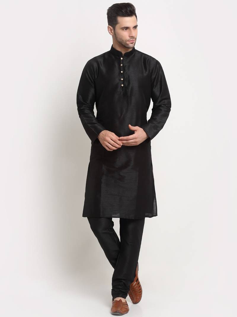Black Silk Blend Kurta and churidar with Jacquard Gold Nehru jacket