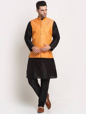 Black Silk Blend Kurta and churidar with Jacquard Peach Nehru jacket 1