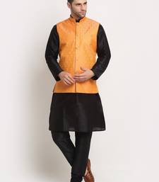 Black Silk Blend Kurta and churidar with Jacquard Peach Nehru jacket