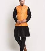 Black Silk Blend Kurta and churidar with Jacquard Peach Nehru jacket