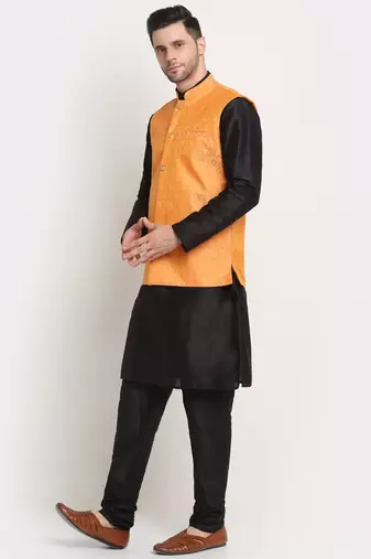 Black Silk Blend Kurta and churidar with Jacquard Peach Nehru jacket