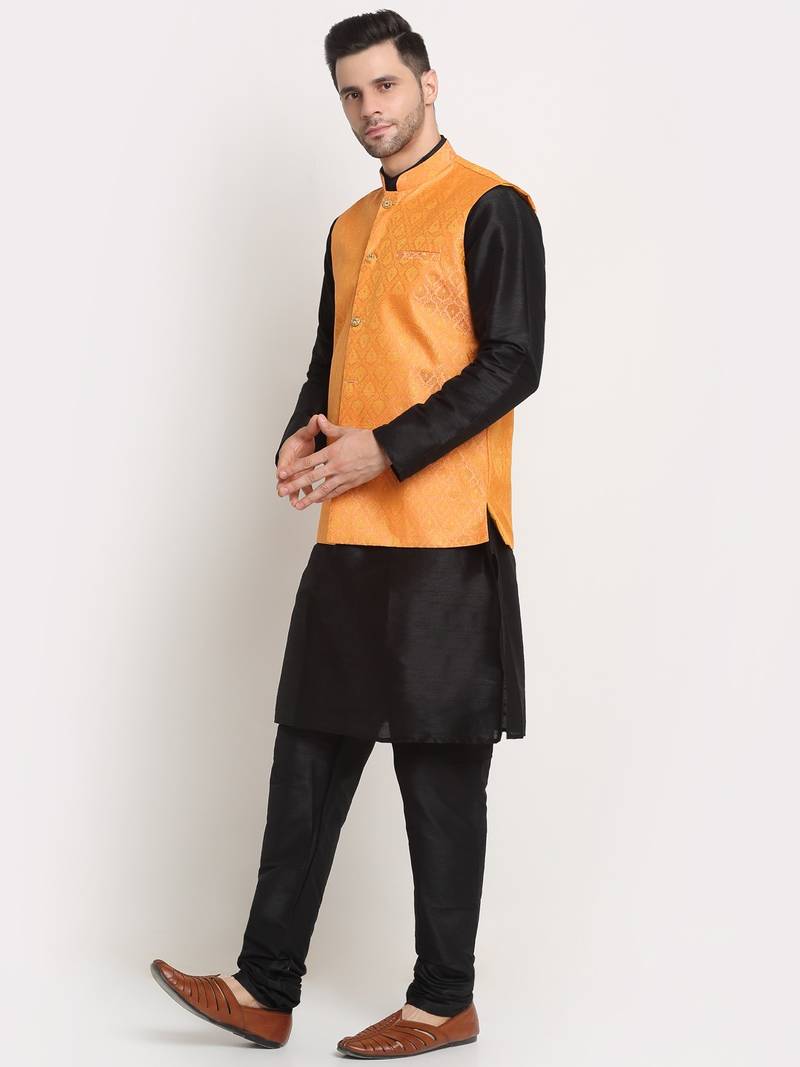 Black Silk Blend Kurta and churidar with Jacquard Peach Nehru jacket