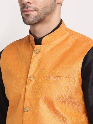 Black Silk Blend Kurta and churidar with Jacquard Peach Nehru jacket 3