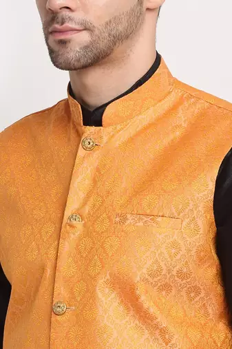 Black Silk Blend Kurta and churidar with Jacquard Peach Nehru jacket
