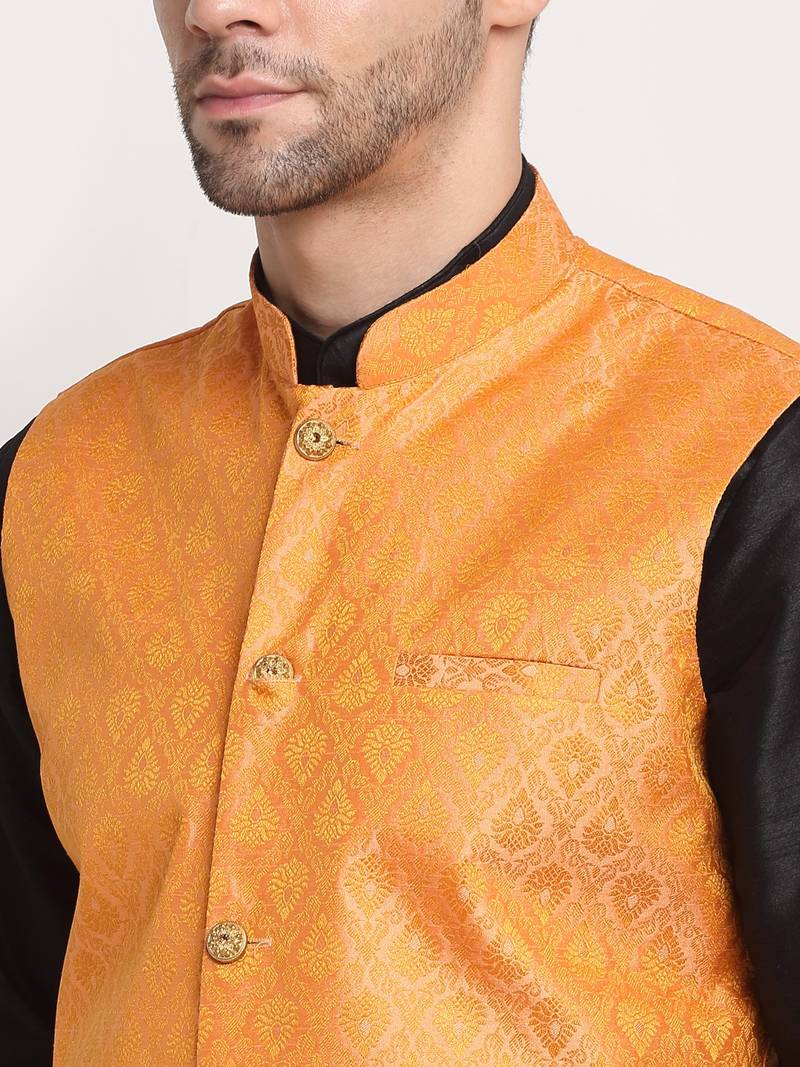 Black Silk Blend Kurta and churidar with Jacquard Peach Nehru jacket